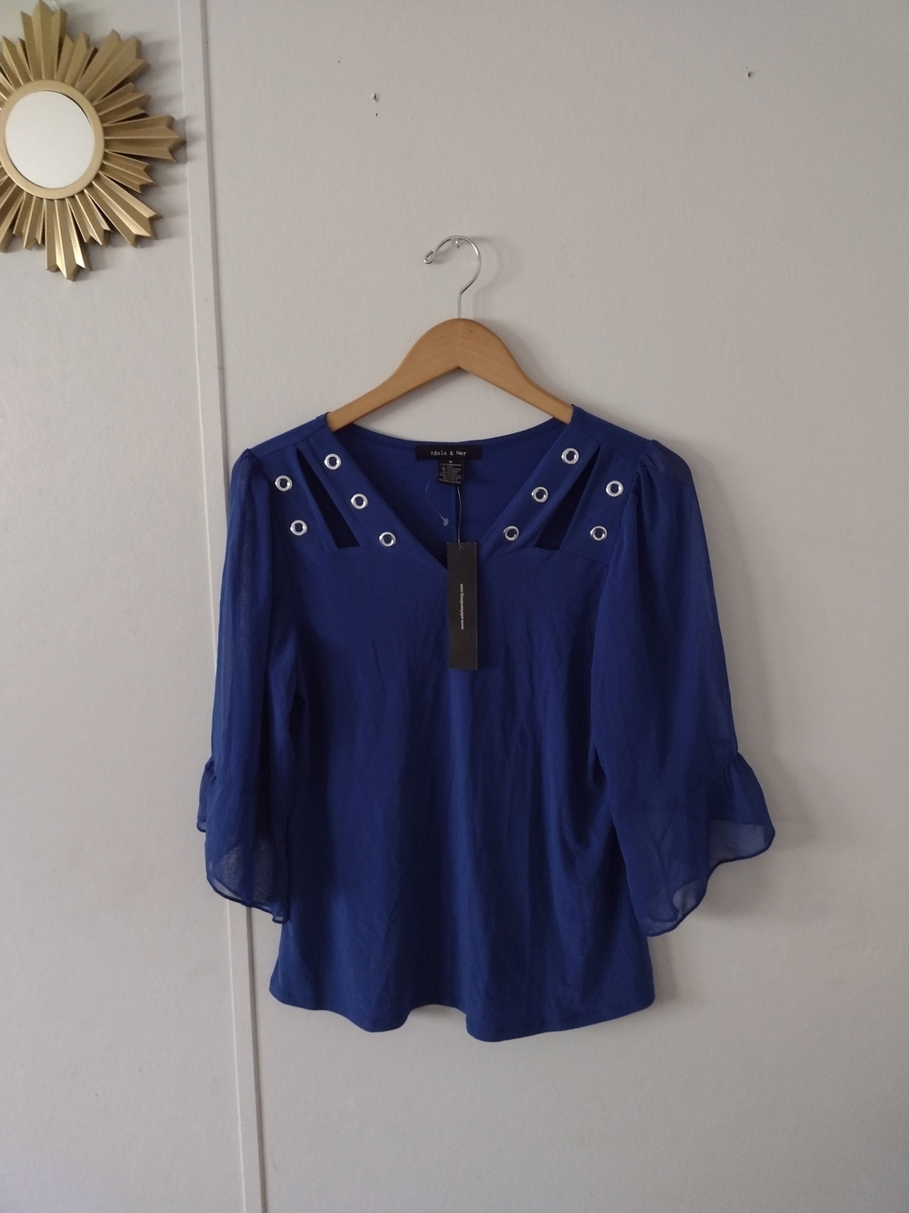 Adele & May Womens Blue Sheer Sleeve Top Medium